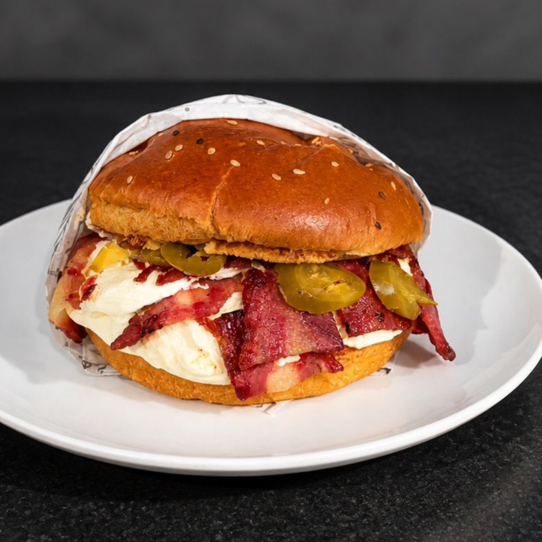 Pão de brioche, hambúrguer artesanal de carne bovina (160 gr), muçarela, creme de gorgonzola, bacon crocante, molho bbq, maionese temperada, pimenta jalapenõ, anéis de cebola empanada. Acompanhado de batata frita e molho especial.