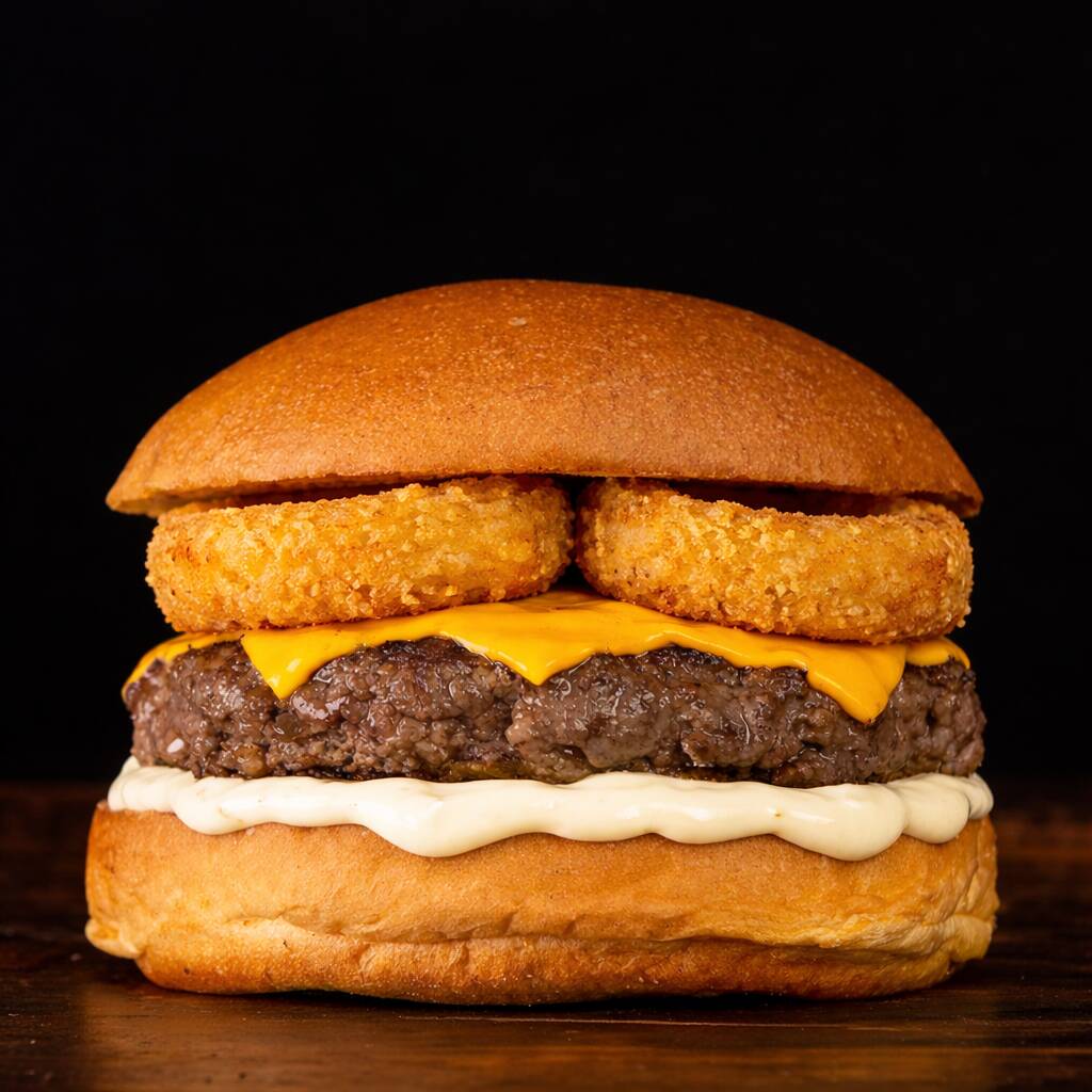 Esse aqui é massa! Pão brioche, Hambúrguer artesanal de 80g defumado, Onion Rings, queijo cheddar derretido e maionese da casa. Preço promocional!