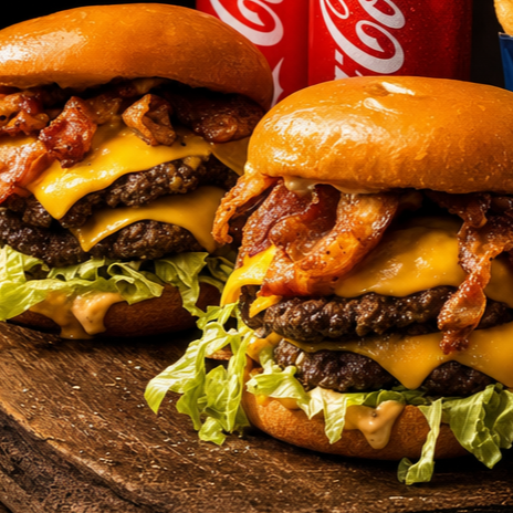 Dois Lupas Monster - Preparados para encarar um verdadeiro desafio! No pão brioche macio, vem 2 blends artesanais de 150g cada, bacon crocante em 4 fatias generosas, queijo prato em dobro, um toque especial de onion ring crocante dentro do lanche, alface fresca e nossa exclusiva maionese da casa.
