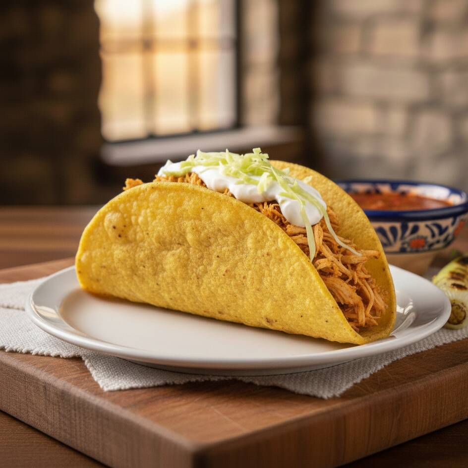 Tortilla de milho crocante com recheio super temperado,cheddar, cream cheese, salada flakes de repolho fino, molho especial defumado de alho.