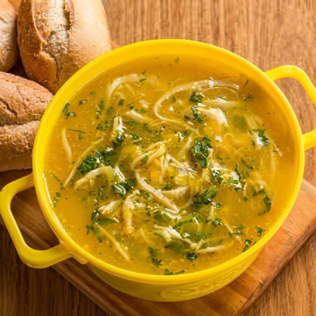 Caldo de mandioquinha com frango desfiado.