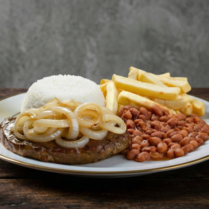 Bife suculento com cebolas douradas, arroz fresquinho, feijão temperado e fritas crocantes ou salada leve. Sabor caseiro intenso.