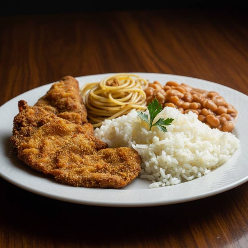 Filé de frango empanado, dourado e crocante, servido com arroz branco soltinho, macarrão ao alho e óleo bem temperado e feijão cremoso cheio de sabor. Irresistível!