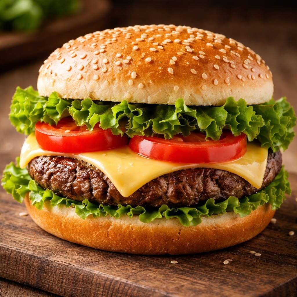 Hambúrguer com carne de 100g, queijo mussarela, ovo frito, alface, tomate, cebola e molho Big no pão especial selado.