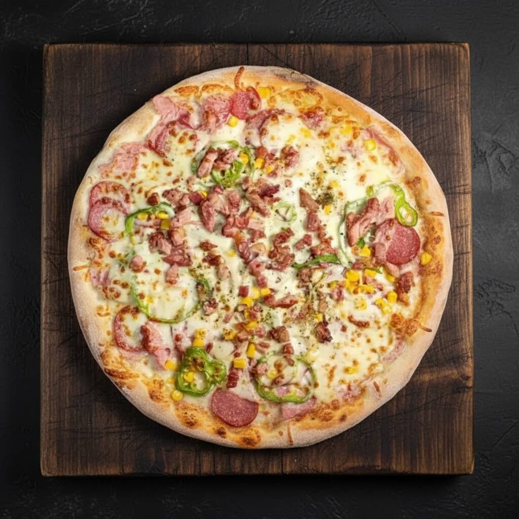 A queridinha dos nossos clientes passando na sua telinha. Com a massa fresca, aberta na hora, mussarela selecionada, presunto, calabresa defumada, milho, bacon, pimentão, cebola e orégano. Atenção: Pizza grande de 30 cm - 8 fatias. Caso deseje um tamanho maior é só escolher abaixo.