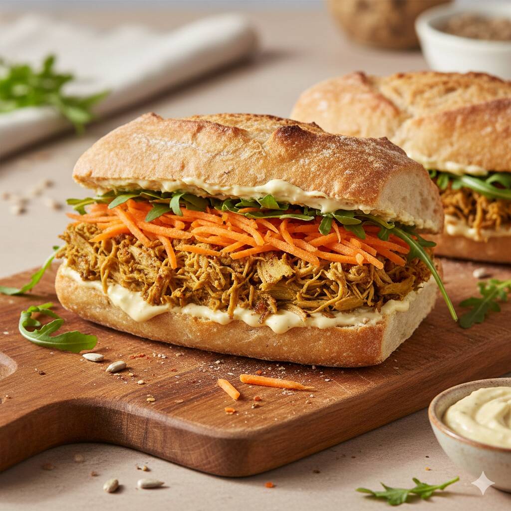 Pão ciabatta com jaca desfiada, cenoura, maionese de girassol e folha verde