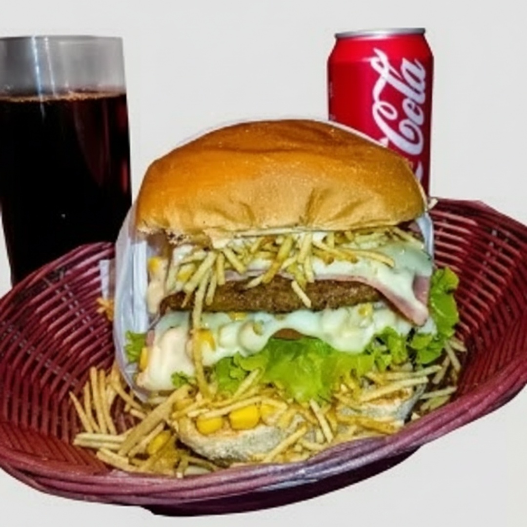 Hamburguer especial + refrigerante 350ml ( ingredientes do hamburguer: pão brioche, carne, calabresa, ovo, queijo prato, presunto, batata palha, milho, tomate, pepino e alface ).