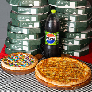 1 Pizza Grande 35cm + 1 Pizza Pequena 25cm + 1 Kuat 2l