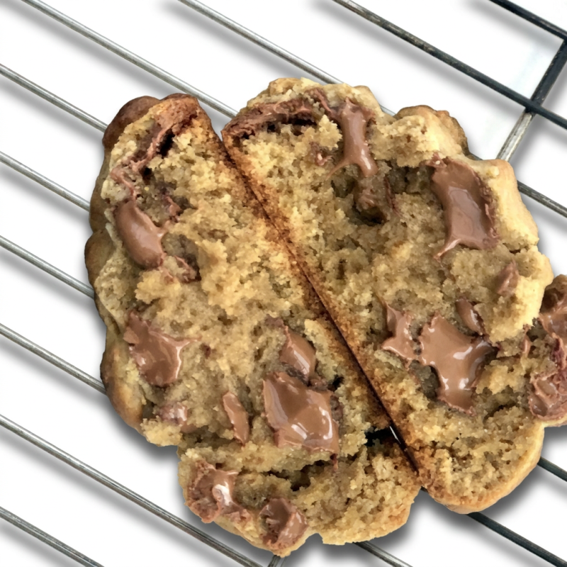 Nosso Cookie com massa de baunilha tradicional, crocante por fora e muito macio macio por dentro, com muitos pedaços de chocolate ao leite. Nosso cookie tradicional é perfeito para tomar com aquele cafézinho!