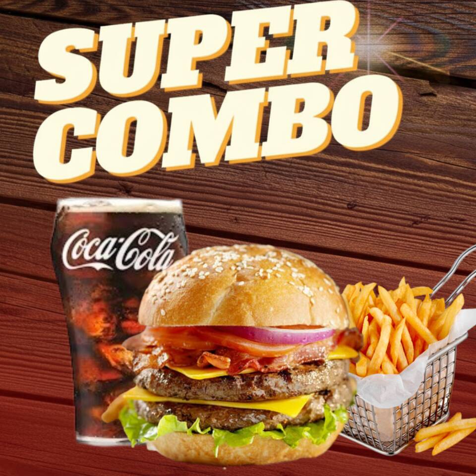 3 Hamburguesas doble + Papas + 3 Coca colas