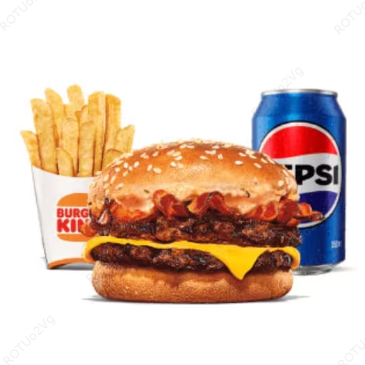 Um hambúrguer com duas carnes bovinas grelhadas de 57g, pão com gergelim, queijo derretido, fatias de bacon crocante e o exclusivo molho bk stacker. Acompanha batata frita e bebida.