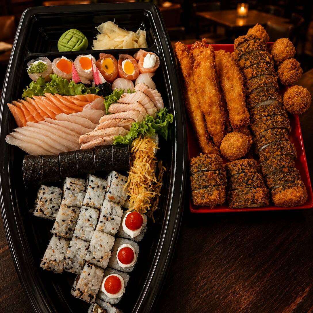 24 sushis variados, 6 gunkans, 6 niguiris, 10 salmão, 10 peixe branco, 7 salmão maçaricado, 18 hots, 5 iscas de tilápia e 4 croquetes de salmão. Acompanha no pedido: 3 pares de hashi, 2 molhos teriaki e 2 molhos shoyo.
