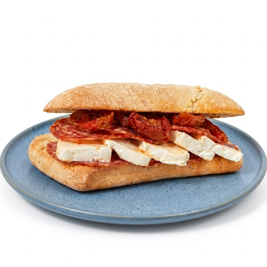 Ciabatta rústica, com casca levemente crocante e interior macio e aerado, proporcionando uma textura artesanal e saborosa.
Recheada com queijo branco, tomate seco e salame, uma combinação equilibrada entre a cremosidade do queijo, o sabor marcante do tomate seco e o toque especial do salame.
Peso aproximado: 300 g.