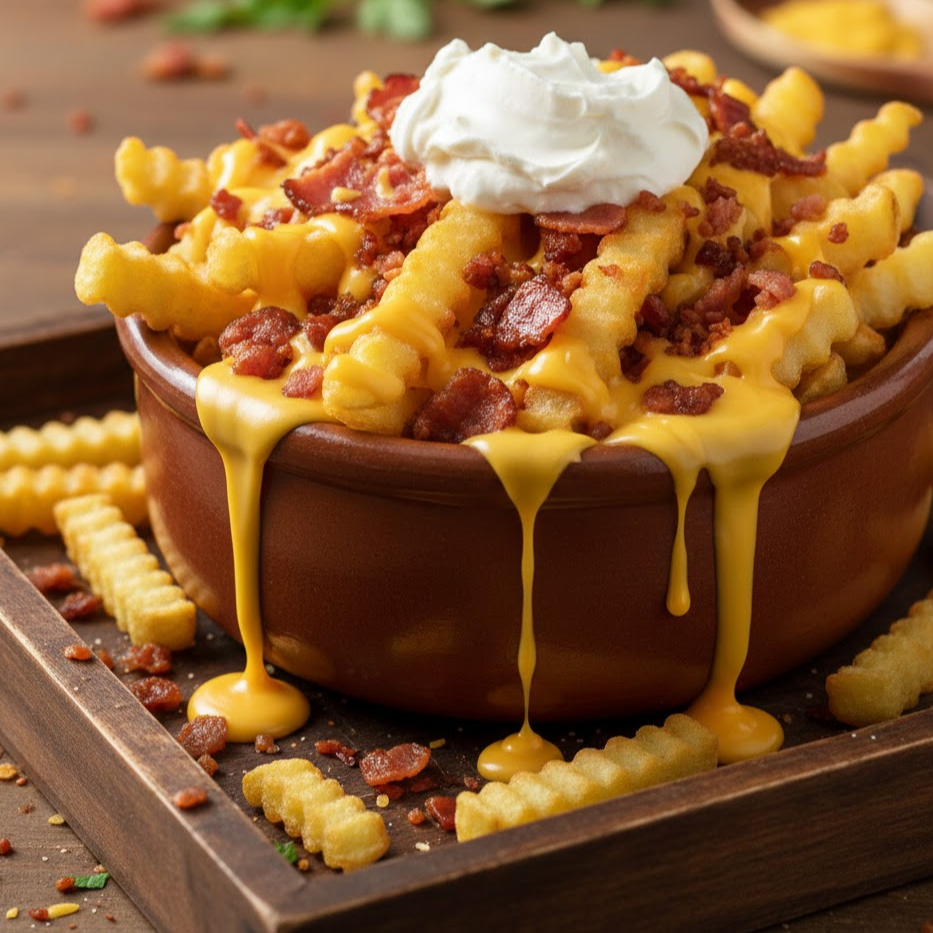 Batata crinkle, chili, bacon, cheddar e cream cheese