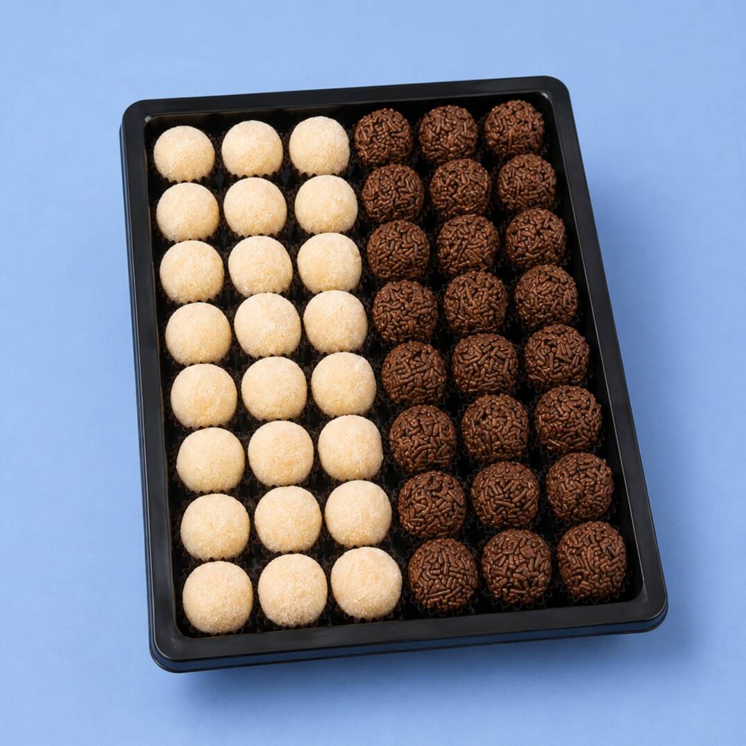 Meio Cento de Festa com 50 docinhos artesanais meio a meio 25 Brigadeiros + 25 Leite Ninho. Produzidos artesanalmente com ingredientes de qualidade, macios, cremosos e que derretem na boca. Perfeitos para festas, comemorações e momentos especiais!