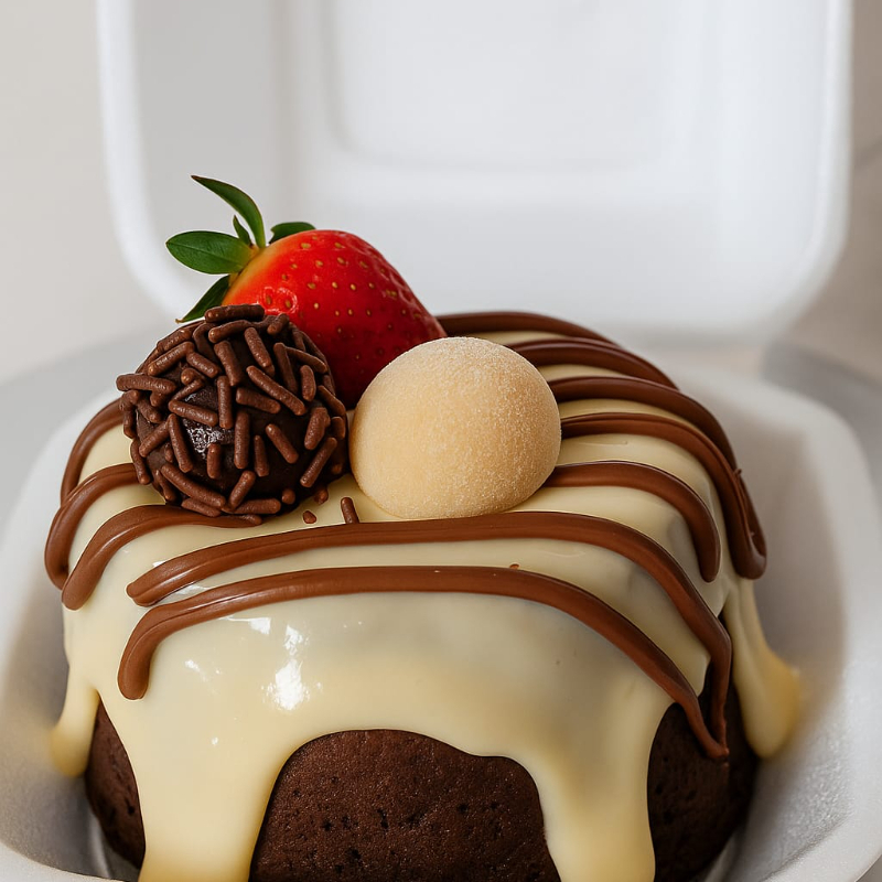 Massa de chocolate com cobertura de ninho Nutella, brigadeiro de ninho e brigadeiro tradicional, morango