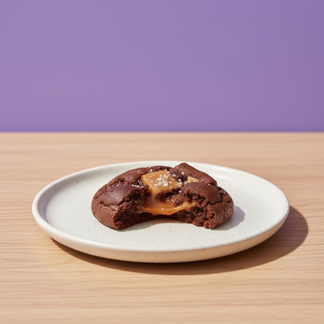 Massa maravilhosa de chocolate com blend de gotas de chocolate, recheado com um brigadeiro gourmet de caramelo salgado, finalizado com uma bala de caramelo e flor de sal