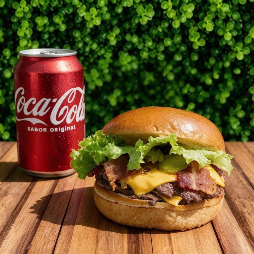 Pão brioche, 2 carnes tipo smash de 75g cada, bacon, picles alface, cheddar e maionese de especial. Acompanha coca cola lata caso queira trocar por coca cola zero favor colocar nas obs