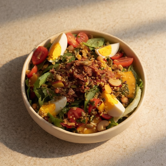 Mix de folhas verdes, espinafre, kabocha assada, ragu de carne, tomate grape, ovo cozido, cenoura, molho pesto e granola salgada.