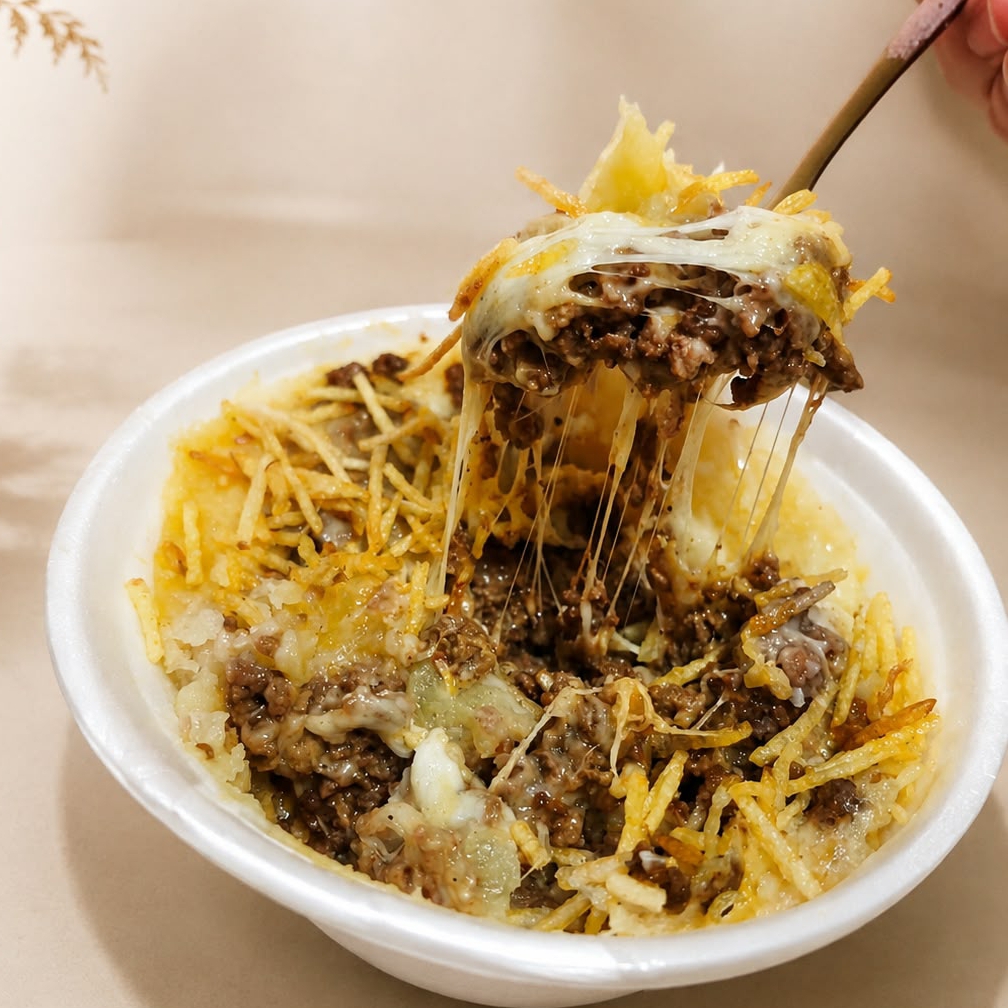 Carne moída bem temperada e coberta com muçarela gratinada.