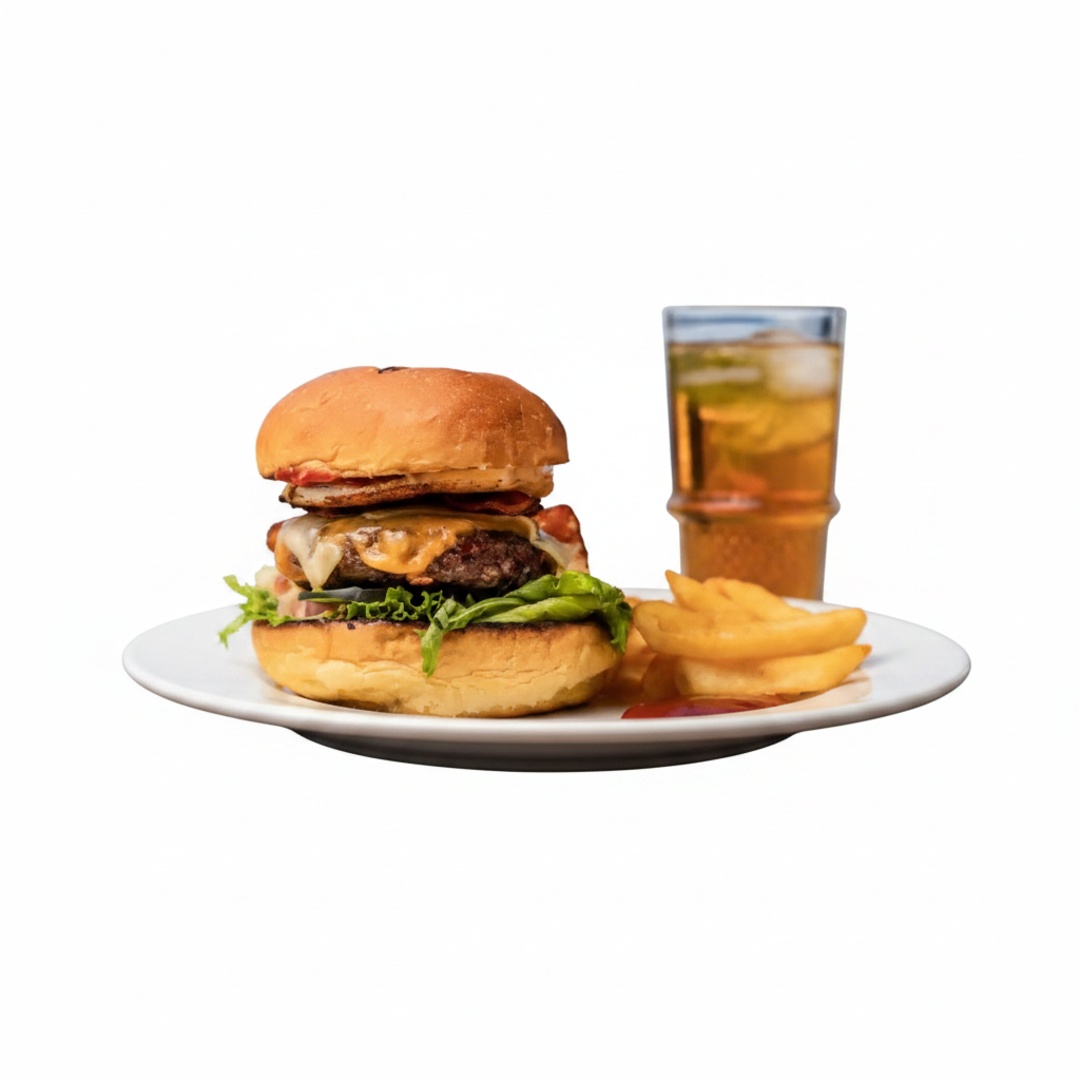 Pão australiano, carne 150g, queijo prato, COPA cebola caramelizada no vinho do porto , rúcula, maionese hellmanns de azeite , limão e alho. acompanhado de 150g batata frita rustica.