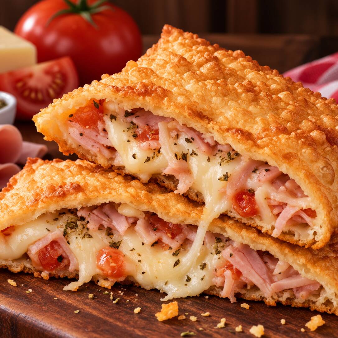 Pastel crocante e sequinho, recheado com presunto ralado, queijo, tomate e orégano, preparado na hora. Não gosta de orégano? É só avisar!