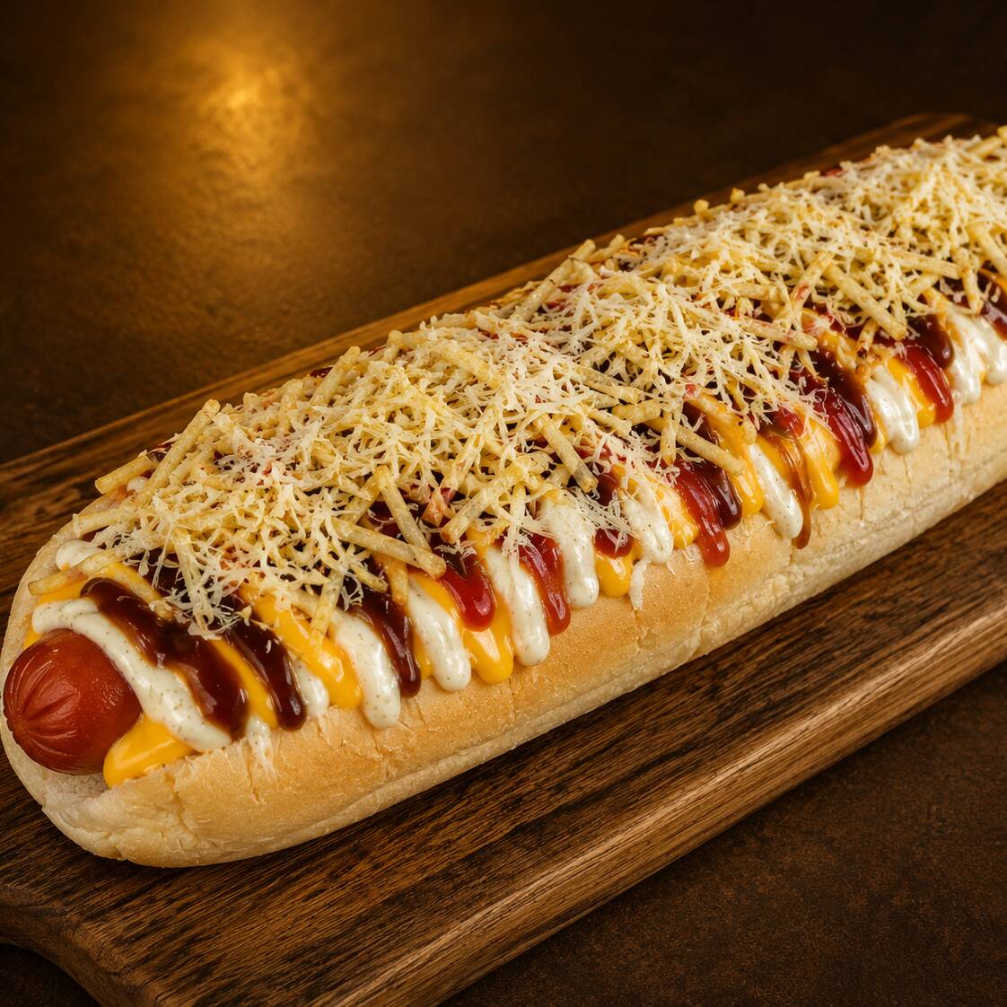2 Salsichas, molho, tempero, bacon suculento, catchup, maionese, barbecue, molho especial, catupiry, cheddar, queijo ralado e batata palha