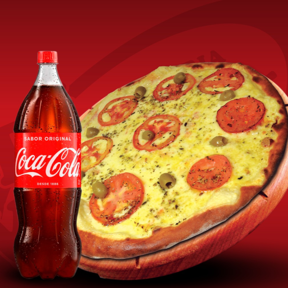 Pizza grande mussarela 8 pedaços mais uma coca cola 2 litros
