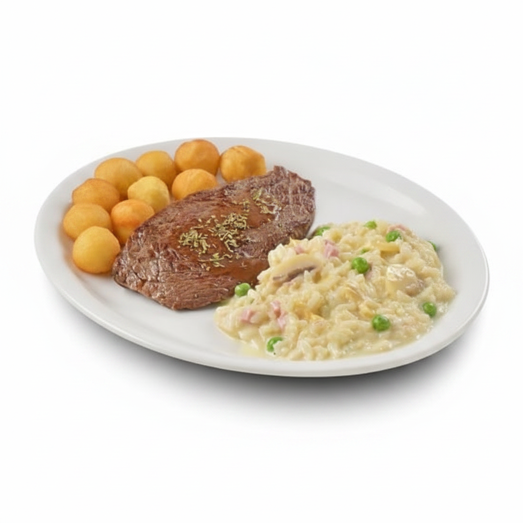 Carne + Risoto de sua preferência + Sua guarnição preferida. Embalado em marmita.