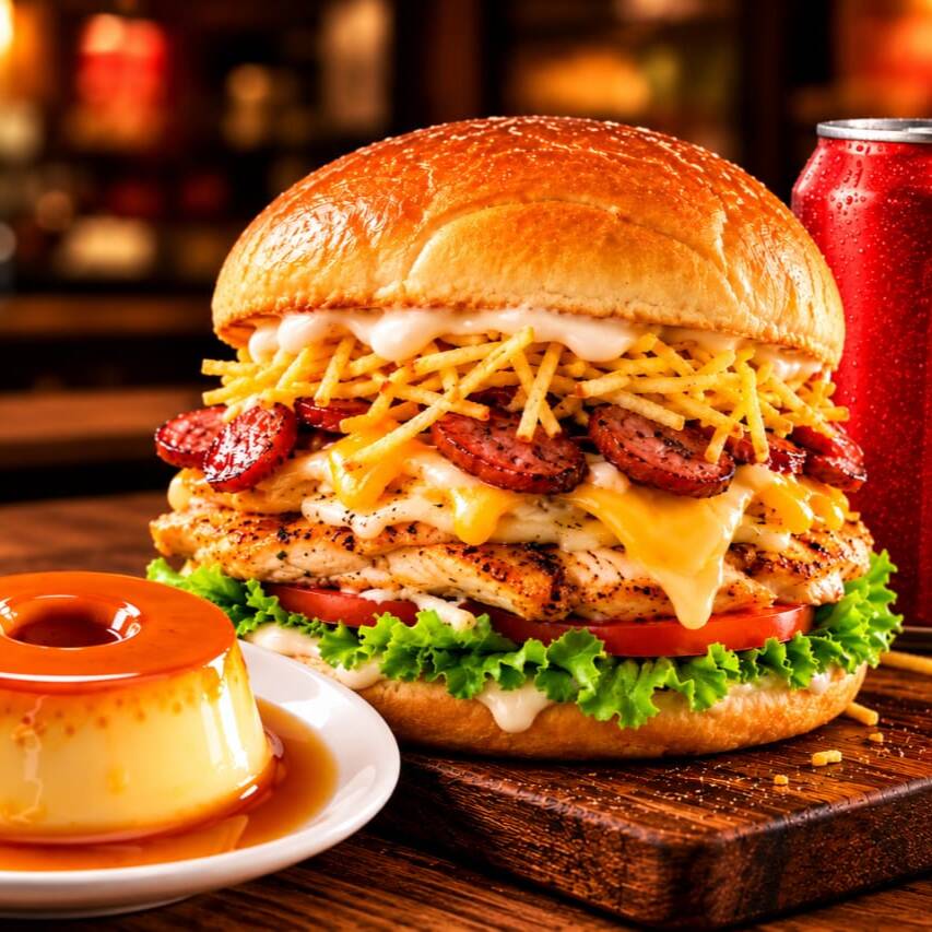 Uma experiência completa do começo ao fim! X-Tudo com hambúrguer suculento, bacon crocante, ovo, presunto, queijo derretido, batata palha, milho, alface, tomate, ketchup e maionese. Acompanha Coca-Cola lata 350 ml bem gelada e um cremoso pudim de leite condensado com calda de caramelo.
Foto ilustrativa