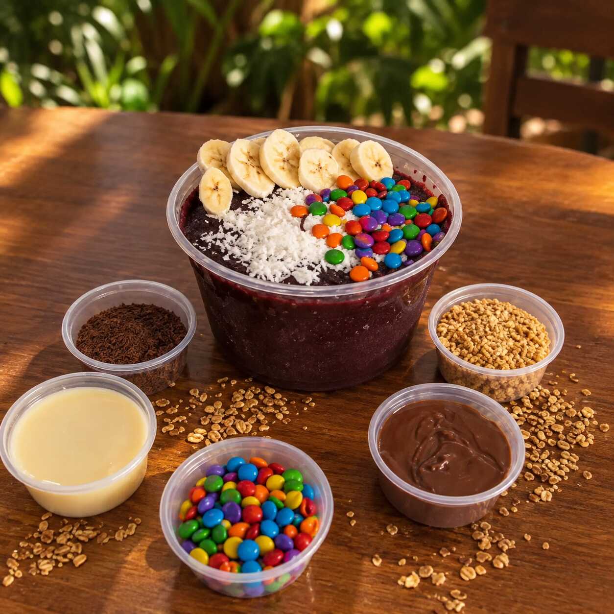 Açaí de 1 Litro + Banana (em pote separado de 140ml) e 4 Acompanhamentos à escolha separados em potes de 75ml