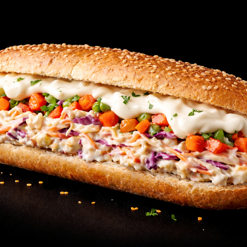 Baguete com maionese vegana, salada cloeslaw e seleta de legumes