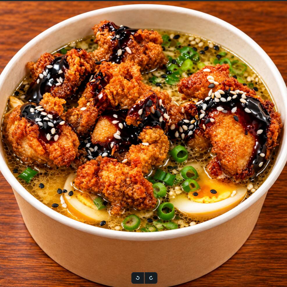 Caldo à base de porco, encorpado e aromático, servido com macarrão, ovo marinado, milho verde, cebolinho e Karaage: frango empanado, crocante por fora e suculento por dentro.
Aproximadamente 650 gramas.
