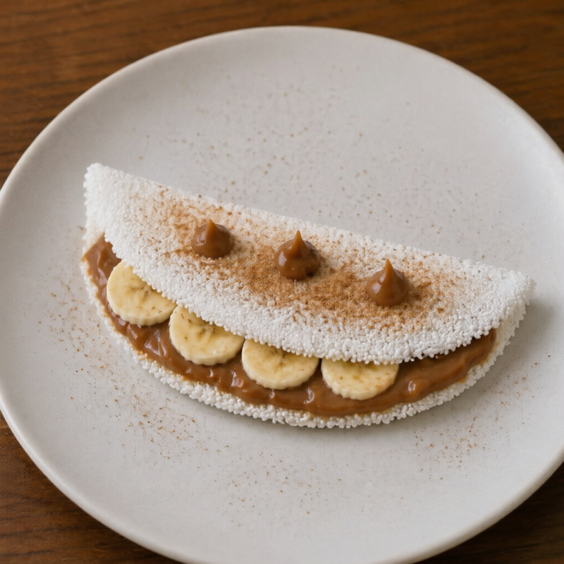 Tapioca Feita Com Massa 100% Artesanal, Recheada Com Doce De Leite Puro, Banana E Uma Pitada De Canela. Doce, Cremosa E Irresistível.