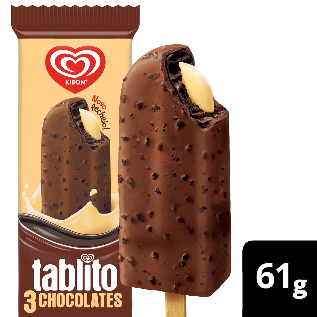 A Kibon apresenta seu mais novo lançamento: o Tablito 3 Chocolates. Este picolé irresistível combina três camadas deliciosas de chocolate para uma experiência única. Com cobertura de chocolate ao leite e cookies, seguida por sorvete de chocolate meio amargo, e a grande novidade, agora o novo recheio de chocolate branco! Perfeito para os amantes de chocolate que buscam variedade e indulgência.