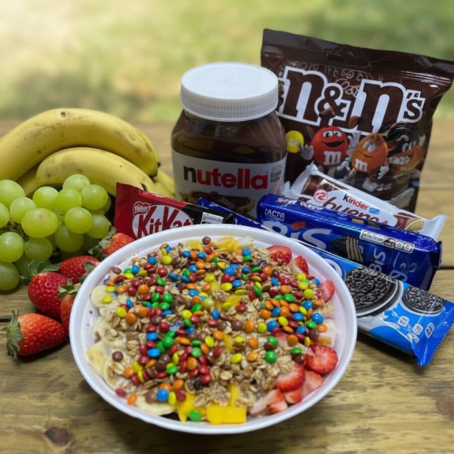 Açaí cremoso premium na Marmitex com 6 acompanhamentos.