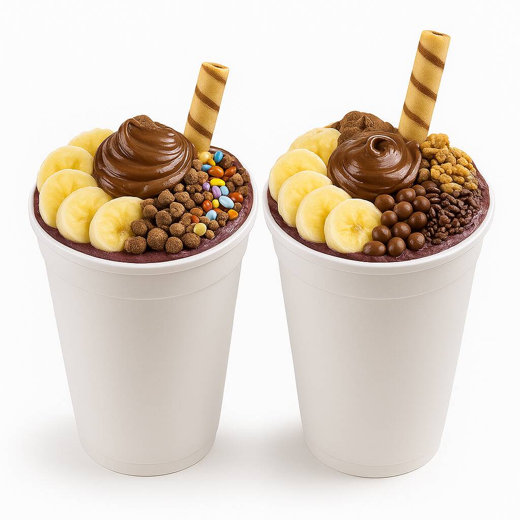 Promoção Imperdível: Neste Combo cada Açaí custa apenas: R$26,90 Ítens inclusos: Açaí cremoso, Banana Fatiada e Creme de Avelã; Finalize escolhendo até 9 complementos Grátis!