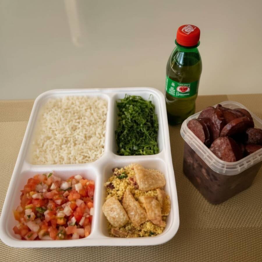 Feijoada magra: carne seca, lombinho fresco, costelinha suína, linguiça calabresa e linguiça paio. Acompanhado de: arroz branco, couve refogada na manteiga, torresmo, banana empanada, vinagrete e deliciosa farofa de chef com bacon. Pote de 500ml de feijoada exclusiva. Acompanha refrigerante pet Guaraná Antárctica bem gelado.