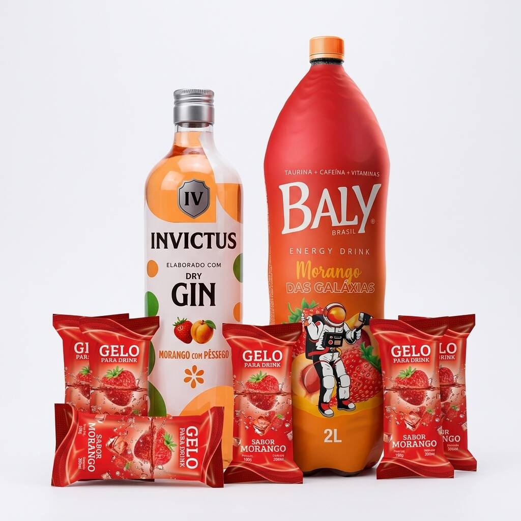 ACOMPANHA 1 GIN SABOR MORANGO 900ML + 1 ENERGETICO BALY 2L SABOR MORANGO + 5 GELOS DE SABOR MORANGO
