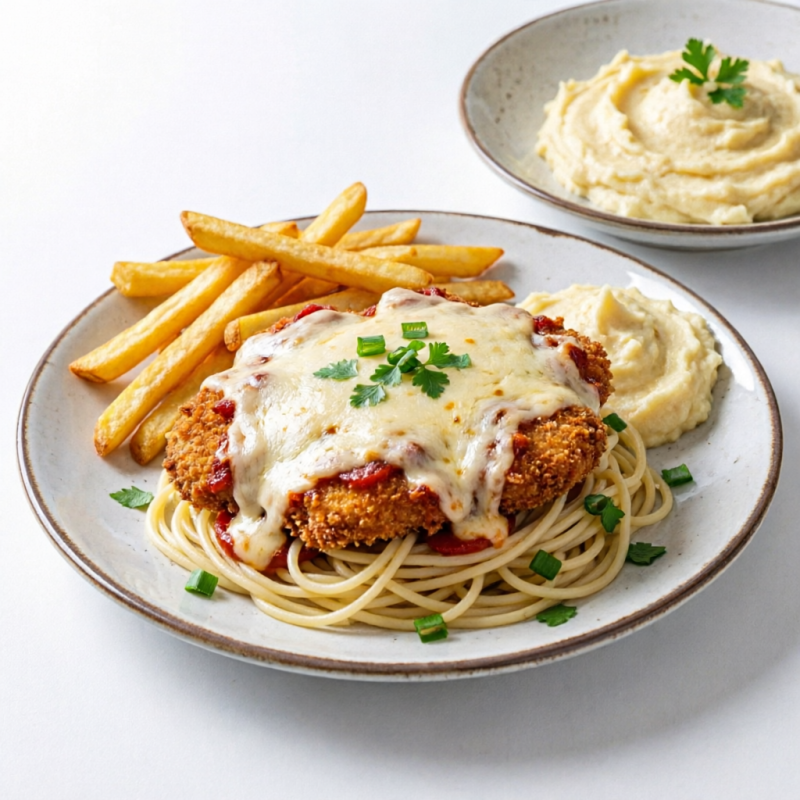 Macarrão fresquinho e frango à parmegiana no ponto, finalizado com nosso purê especial. É de dar água na boca! Aproximadamente 350gr