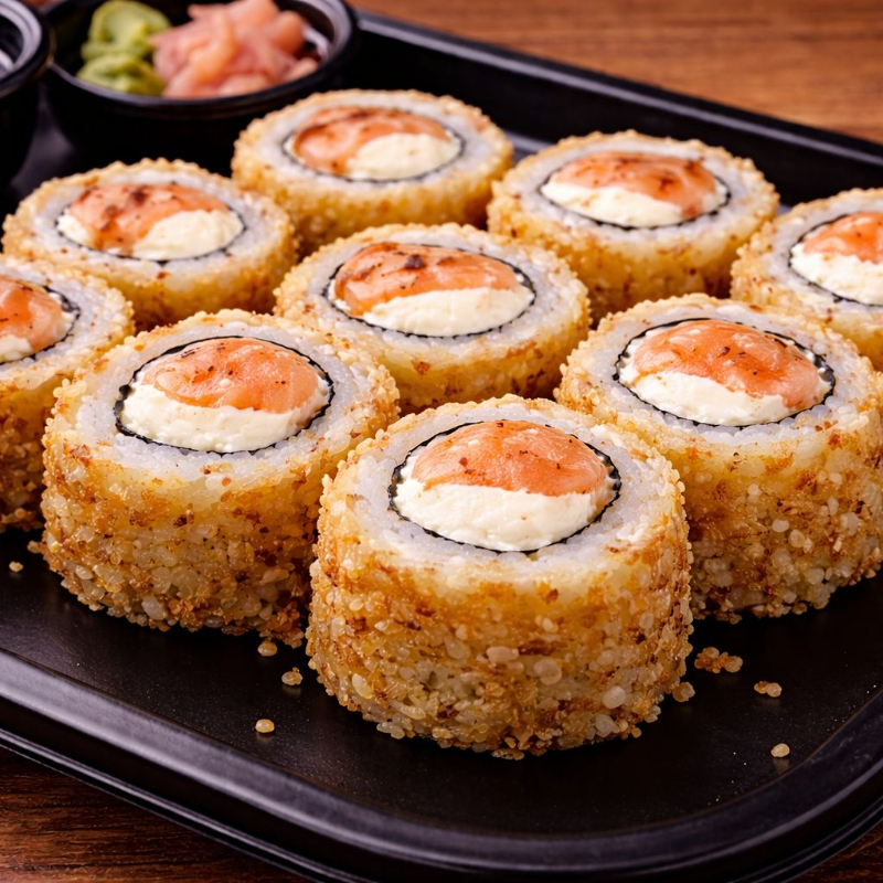 Sushi com arroz, cream cheese, salmão, empanado na farinha panko e frito, finalizado com molho tarê e gergelim