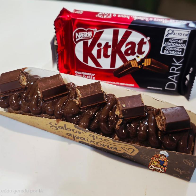 Delicioso churros Gourmet salpicado com açúcar de confeiteiro e canela em pó com recheio e cobertura de Doce de Leite ou Doce de chocolate com pedaços de Kit Kat.
