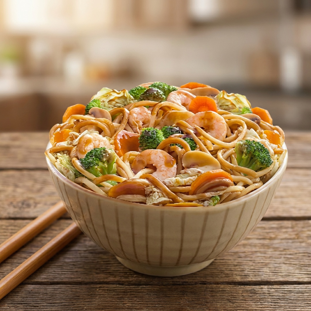 Macarrão, legumes e camarão.