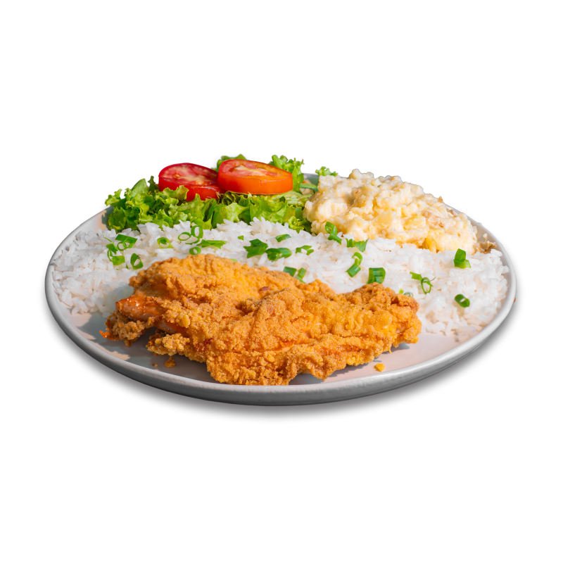 Filé de frango empanado, arroz, salada de alface, tomate e Hakuna Batata.