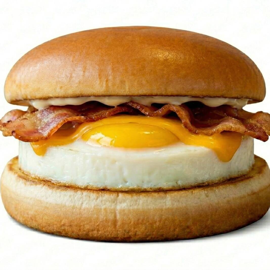 Pão Brioche, dois ovos, american cheese, bacon e maionese de casa.