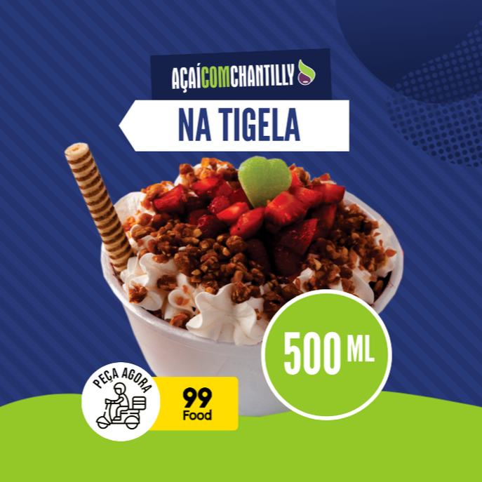 Monte sua tigela de 500ml de acai escolhendo primeiro com qual fruta ele será batido: banana, morango ou natural, depois escolha até 4 opções de doces dentre as 15 opções que oferecemos e até 2 sabores de coberturas dentre as 24 opções. Na tigela, voce pode adicionar uma opção de fruta: banana, morango ou manga e para finalizar, um delicioso chantilly caseiro com Ovomaltine, Negresco, doce de leite, Confete, gotas de chocolate, castanha caramelizada ou Nutella + biscoito e jujuba !