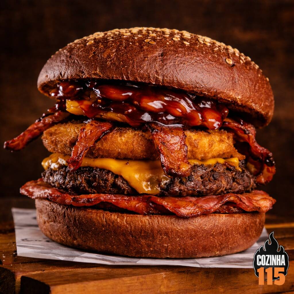 Pão australiano, burger 160g, queijo prato, muçarela empanada e bacon.