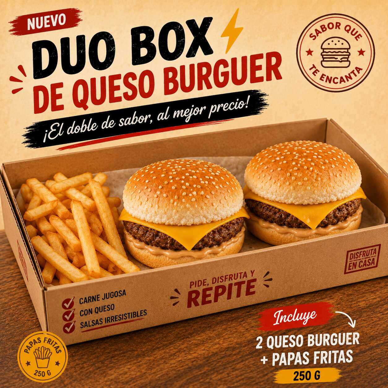 Duo Box De Hamburguesa de Queso, Carne y Papas