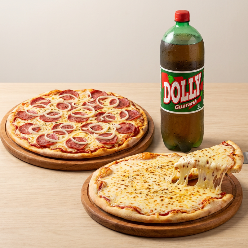 1 pizza calabresa 1 mussarela e 1 dolly