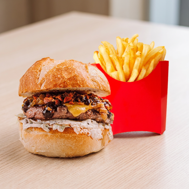 Se delicie com o combo de hamburger com batata frita, ideal para quem ama um hambuguer saboroso, e não abre mão do acompanhamento.
